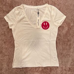 22. NWT Juicy Couture Smiley Face Emoji Cotton Modal V-Neck Tee White Women's S